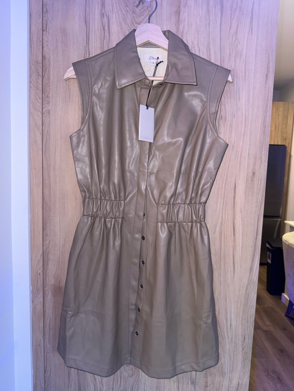 Elan Sleeveless Faux Leather Shirt Dress in Taupe